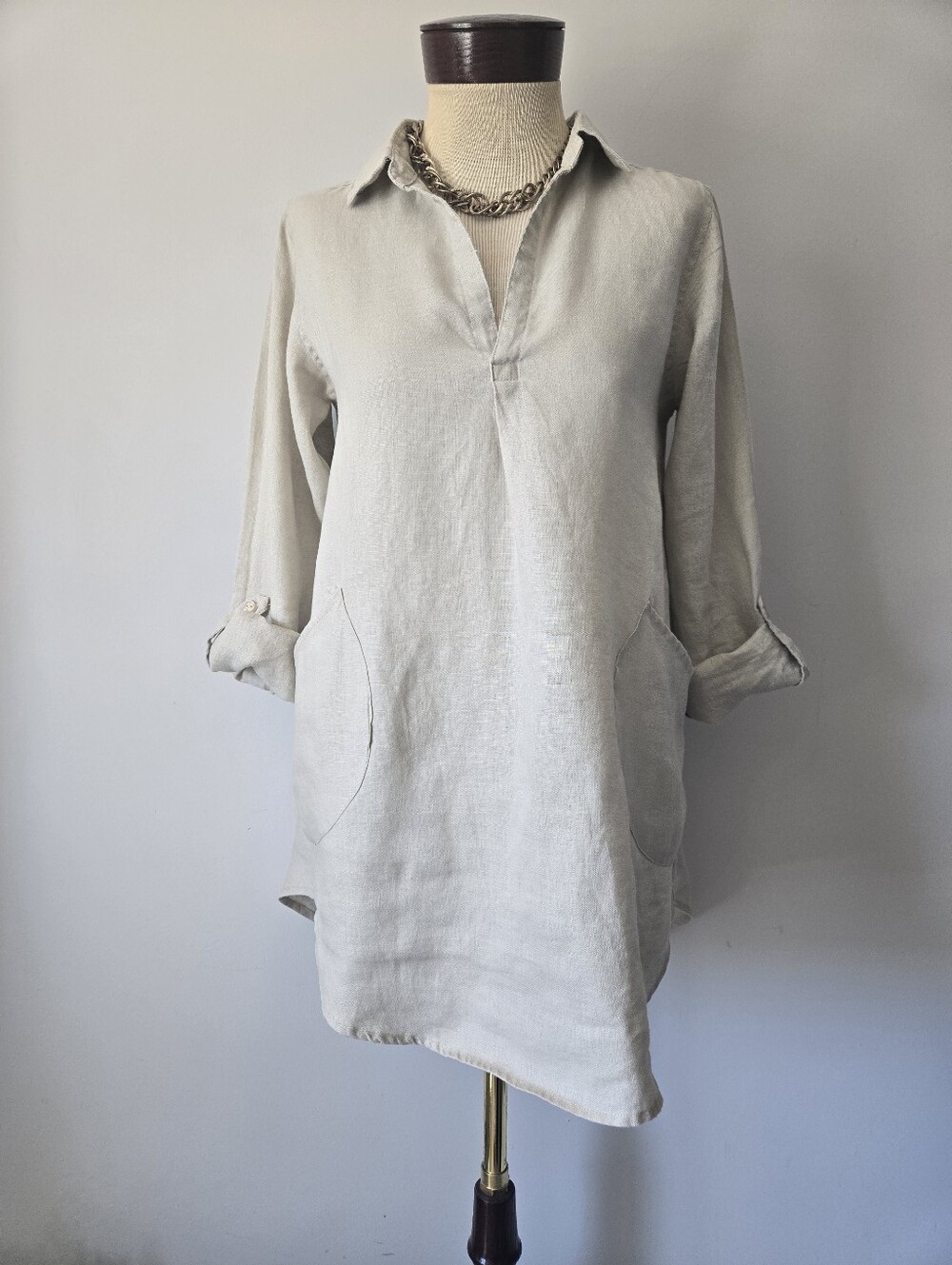 For Cynthia Light Beige 100% Linen Tunic. Size Small